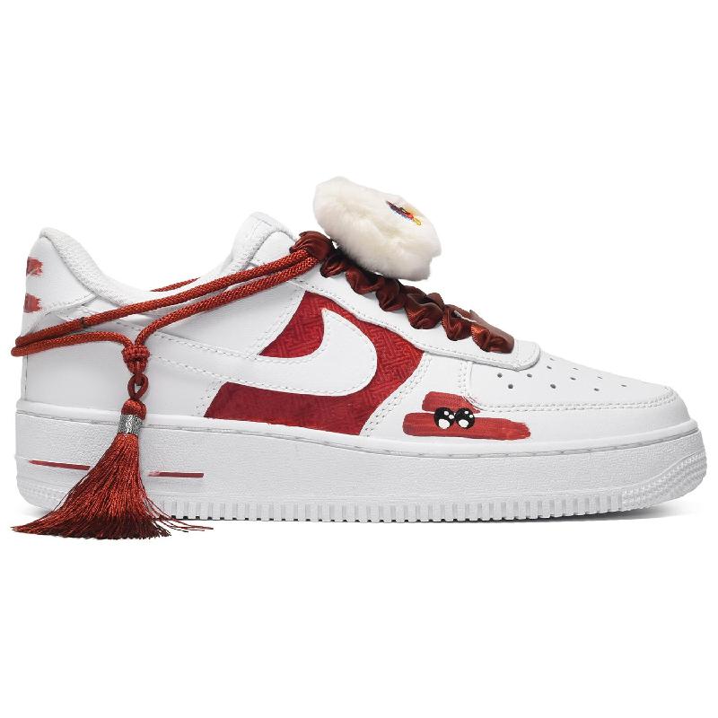 [Custom Men's Chinese-style fringed lion dance in red and white]  Air Force 1 Skateboarding Shoes Men Low-top Red And White