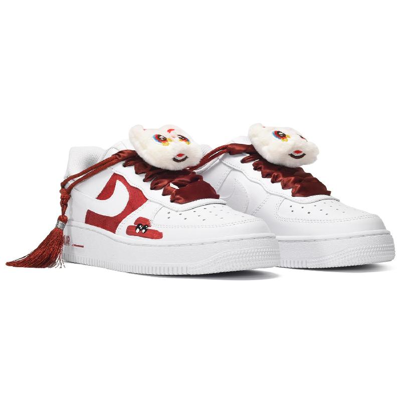 [Custom Men's Chinese-style fringed lion dance in red and white]  Air Force 1 Skateboarding Shoes Men Low-top Red And White