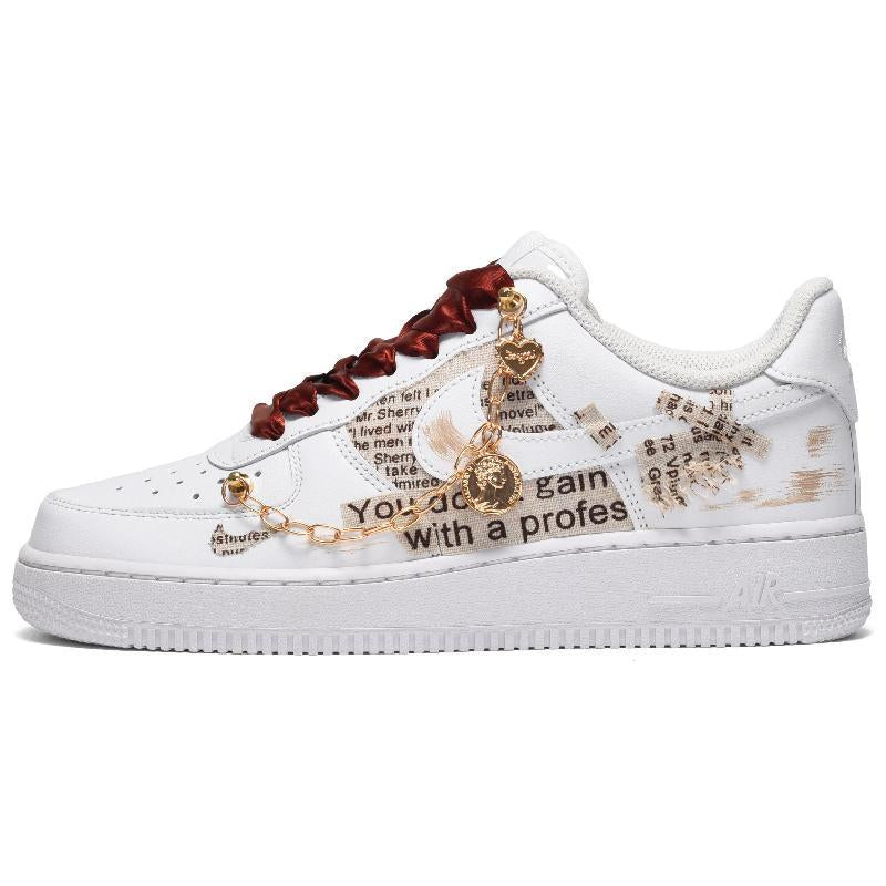 [Custom Men's vintage old newspaper in white and brown]  Air Force 1 Skateboarding Shoes Men Low-top Light Khaki