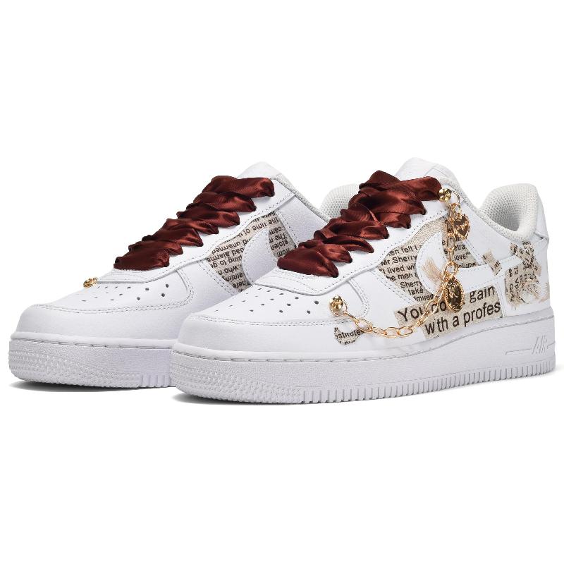 [Custom Men's vintage old newspaper in white and brown]  Air Force 1 Skateboarding Shoes Men Low-top Light Khaki