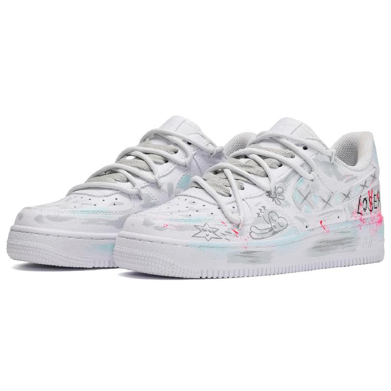 [Custom Men's little love story in gray, white and blue]  Air Force 1 Skateboarding Shoes Men Low-top Gray/White/Blue