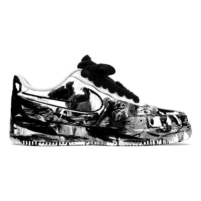 [Custom Men's style in black, white and grey with ink charm]  Air Force 1 Skateboarding Shoes Men Low-top Black/white/gray