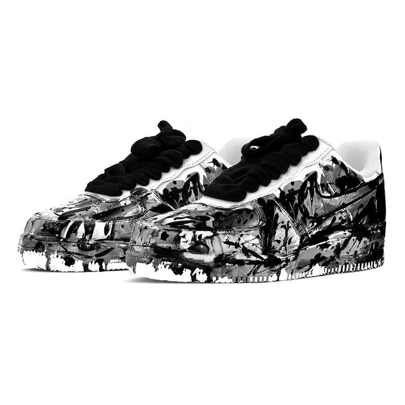 [Custom Men's style in black, white and grey with ink charm]  Air Force 1 Skateboarding Shoes Men Low-top Black/white/gray