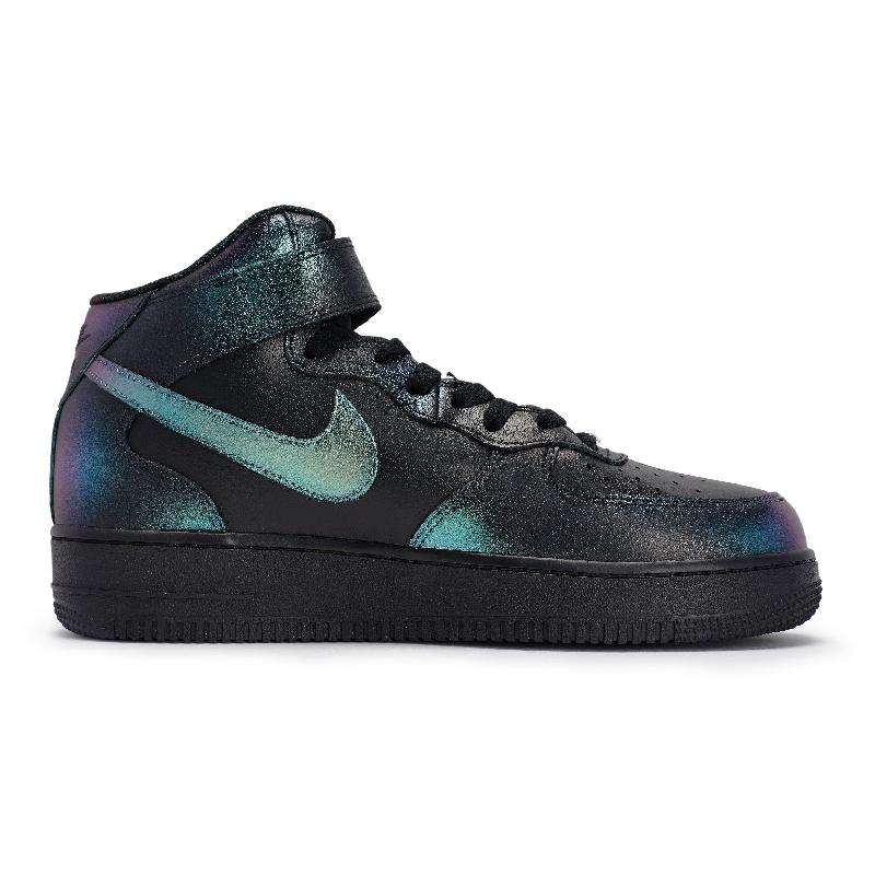 [Custom Chameleon blue Green Purple]  Air Force 1 Skateboard Shoes Unisex Mid-Top Black