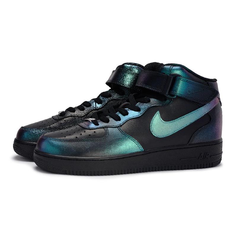 [Custom Chameleon blue Green Purple]  Air Force 1 Skateboard Shoes Unisex Mid-Top Black