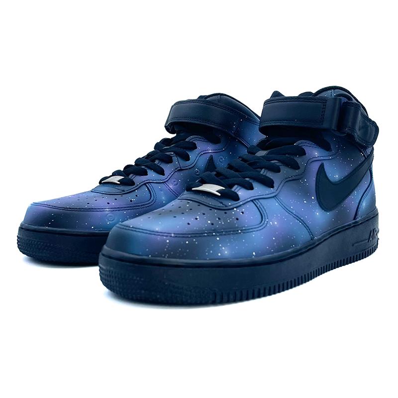 [Custom Kongyi Starry Sky Series A019]  Air Force 1 Skateboarding Shoes Unisex Mid-top Blue