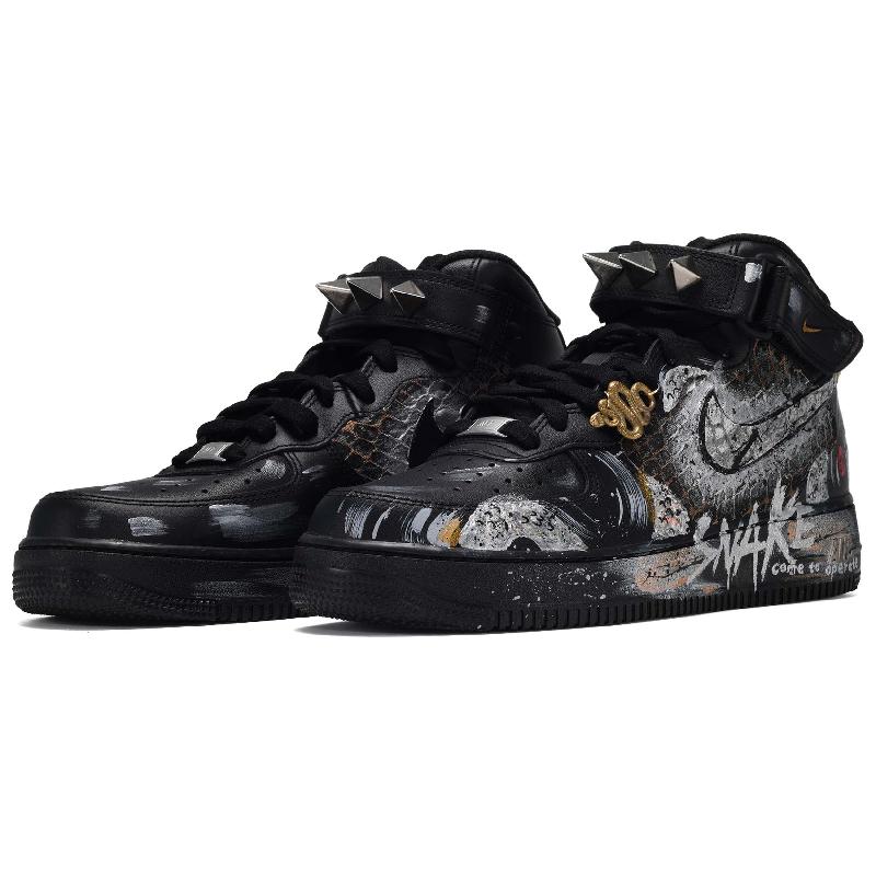 [Custom The male and female versions of SNAKE]  Air Force 1 Skateboard Shoes Unisex High-Top Black White