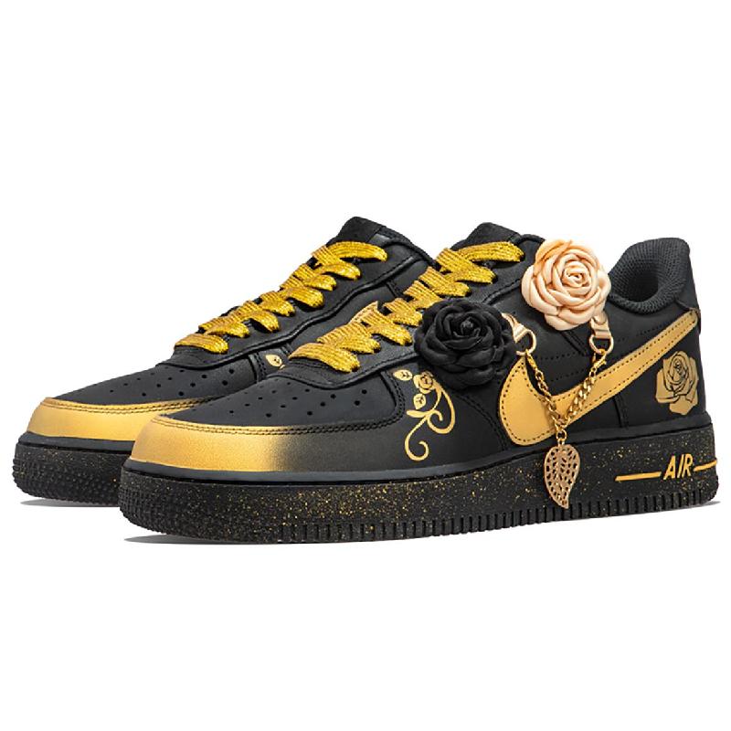 [Custom Black gold rose for women]  Air Force 1 Skateboard Shoes Women's Low-Top Black/Gold