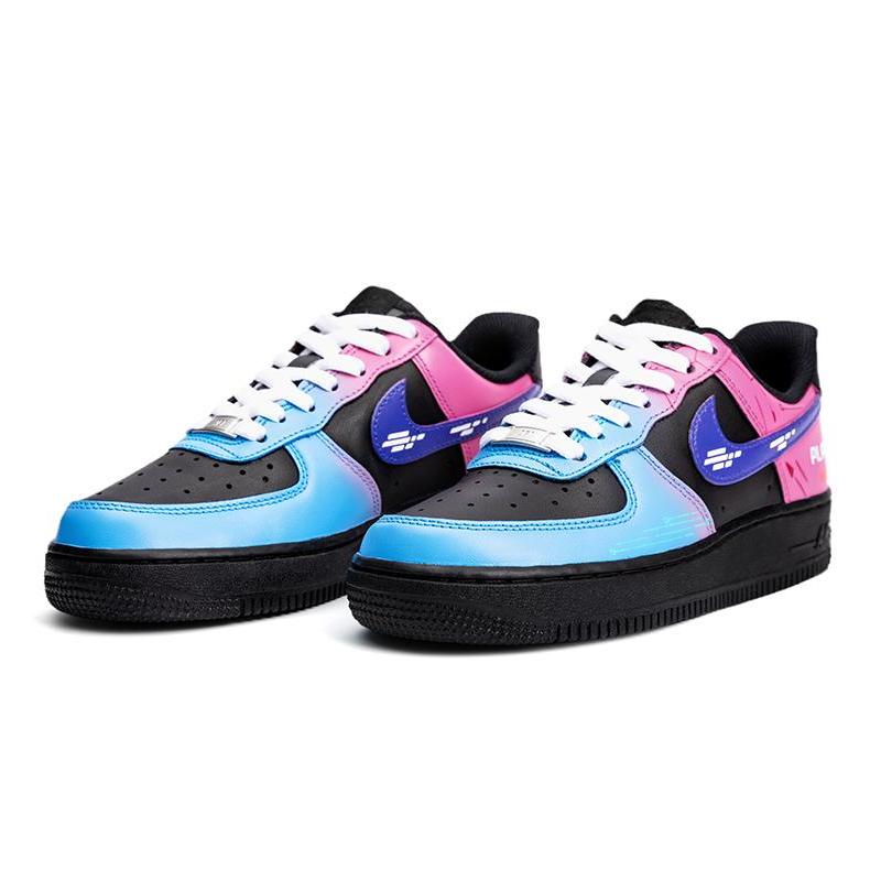 [Custom AF1 Cybergame Black]  Air Force 1 Skateboarding Shoes Women's Low-top Black/blue/purple/pink