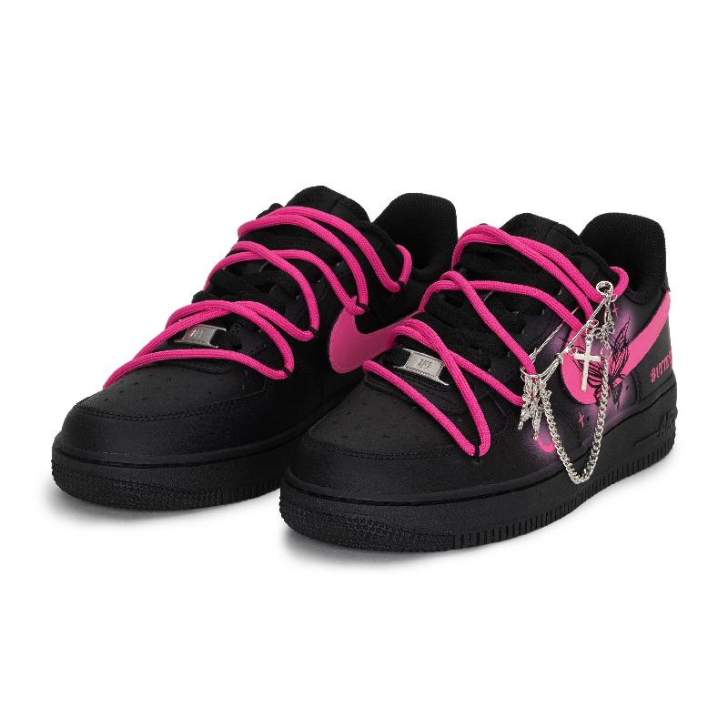 [Custom The black and pink butterfly dance]  Air Force 1 Skateboarding Shoes Unisex Low-top Black/pink