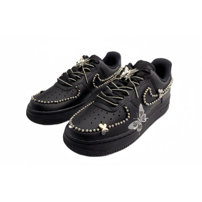 [Custom Silver-winged butterfly in the dark night]  Air Force 1 Skateboarding Shoes Women's Low-top Black/silver