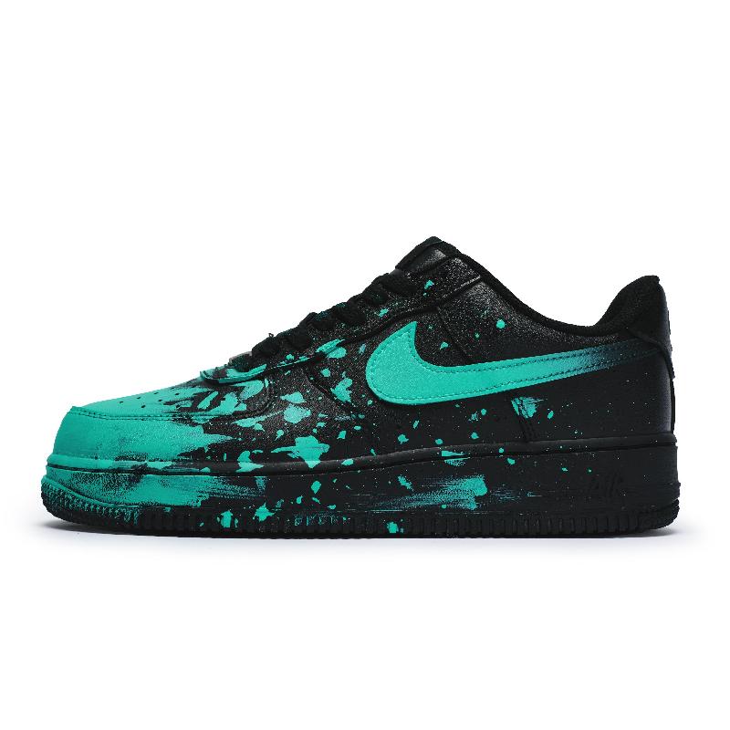 [Custom A crazy graffiti blue  for women]  Air Force 1 Skateboard Shoes Women's Low-Top Black-Cyan