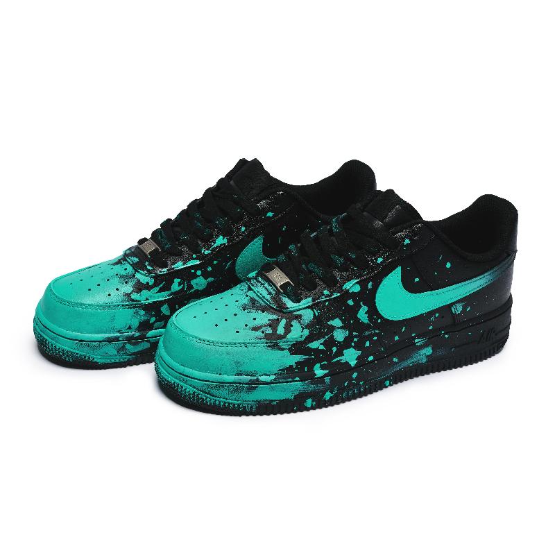 [Custom A crazy graffiti blue  for women]  Air Force 1 Skateboard Shoes Women's Low-Top Black-Cyan