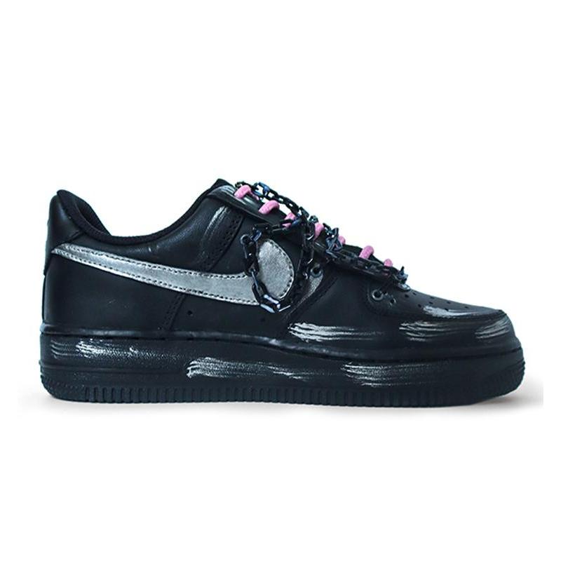 [Custom Women's electric silver chain]  Air Force 1 Skateboarding Shoes Women's Low-top Black/Sliver
