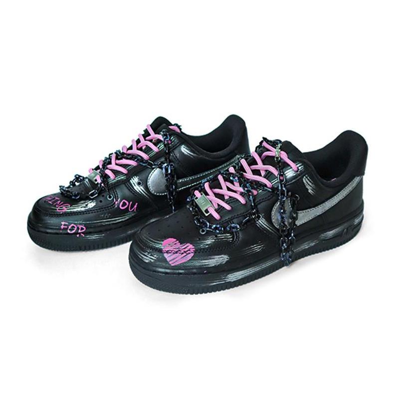 [Custom Women's electric silver chain]  Air Force 1 Skateboarding Shoes Women's Low-top Black/Sliver