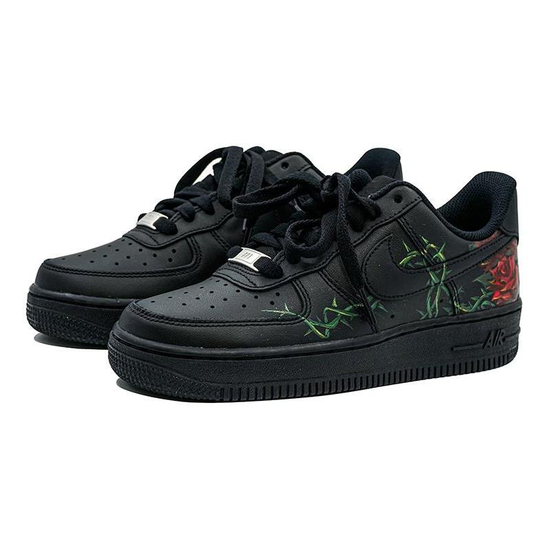 [Custom Thorny rose hand-painted Valentine's Day]  Air Force 1 Skateboarding Shoes Women's Low-top Red/Black