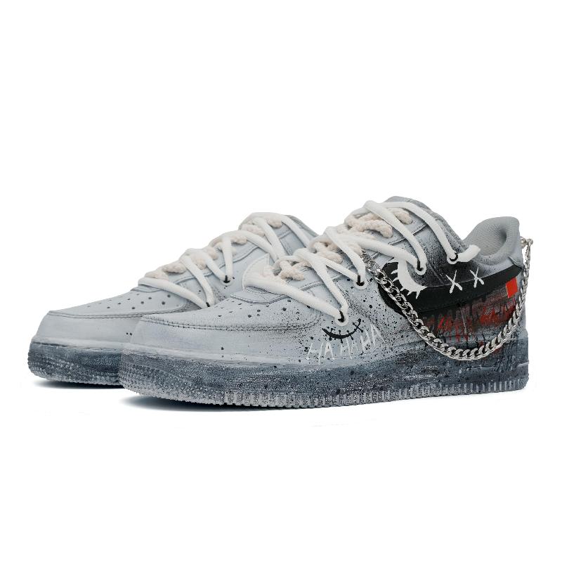 [Custom American graffiti women's style in gray and black]  Air Force 1 Skateboarding Shoes Women's Low-top Summit White/Bright Crimson/Black/Cool Gray