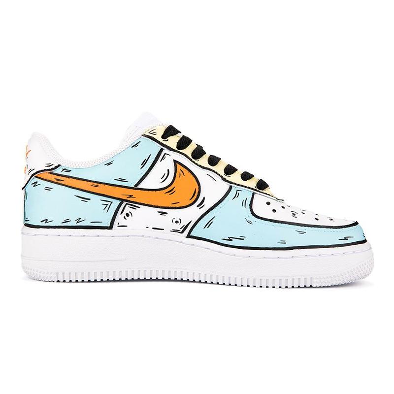 [Custom Female cartoon 2D style blue, orange and yellow]  Air Force 1 Skateboarding Shoes Women's Low-top Blue/Orange/Yellow