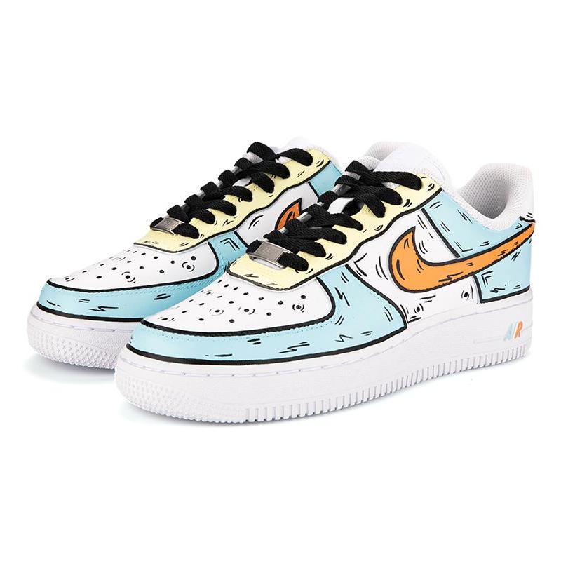 [Custom Female cartoon 2D style blue, orange and yellow]  Air Force 1 Skateboarding Shoes Women's Low-top Blue/Orange/Yellow