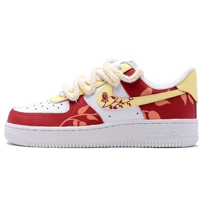 [Custom Impression Rose]  Air Force 1 Skateboarding Shoes Women's Low-top Red/Yellow