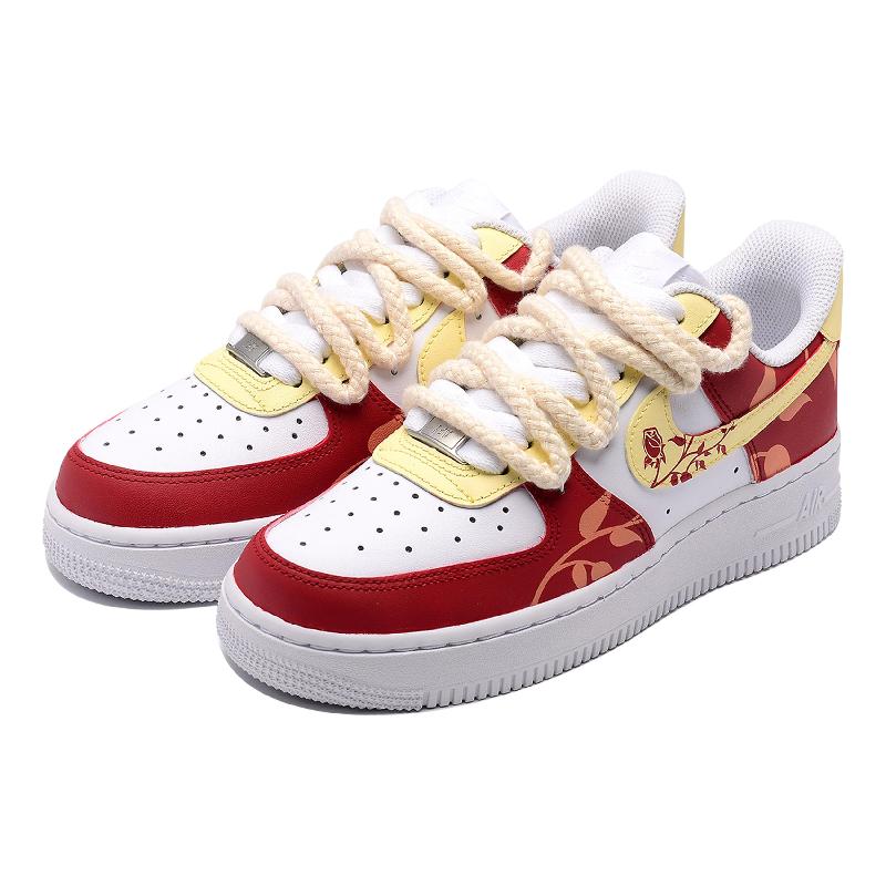 [Custom Impression Rose]  Air Force 1 Skateboarding Shoes Women's Low-top Red/Yellow