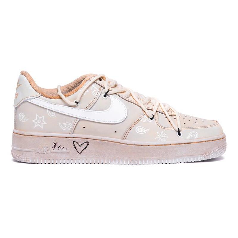 [Custom Women's retro cashew flower tea brown]  Air Force 1 Skateboarding Shoes Women's Low-top Pink/white