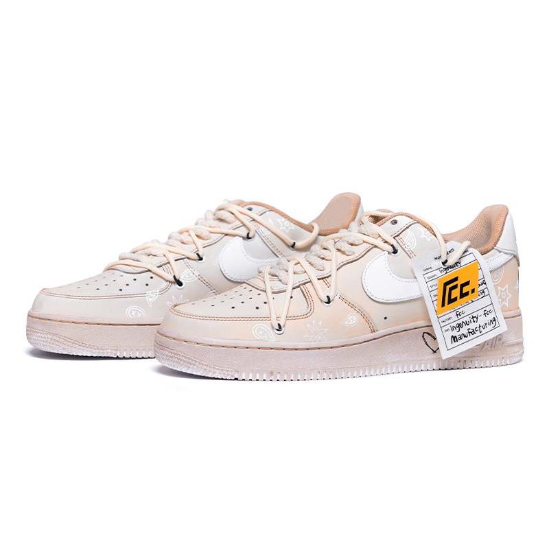 [Custom Women's retro cashew flower tea brown]  Air Force 1 Skateboarding Shoes Women's Low-top Pink/white