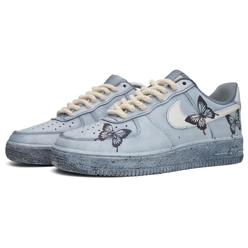 [Custom Colorful butterfly]  Air Force 1 Skateboarding Shoes Women's Low-top Grey/white