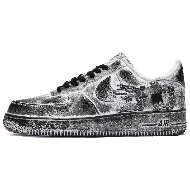 [Custom Female Chinese dragon in black, white and grey]  Air Force 1 Skateboarding Shoes Women's Low-top Black/White/Gray