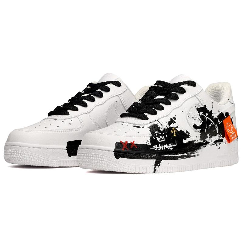 [Custom Freehand Brushwork]  Air Force 1 Skateboarding Shoes Low-top Black/White