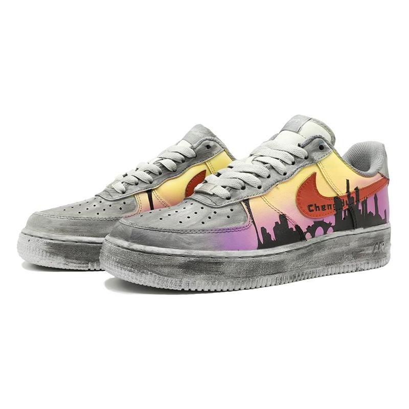 [Custom Women's Chengdu city limited edition gray, purple and yellow]  Air Force 1 Skateboarding Shoes Women's Low-top Gray-purple-yellow