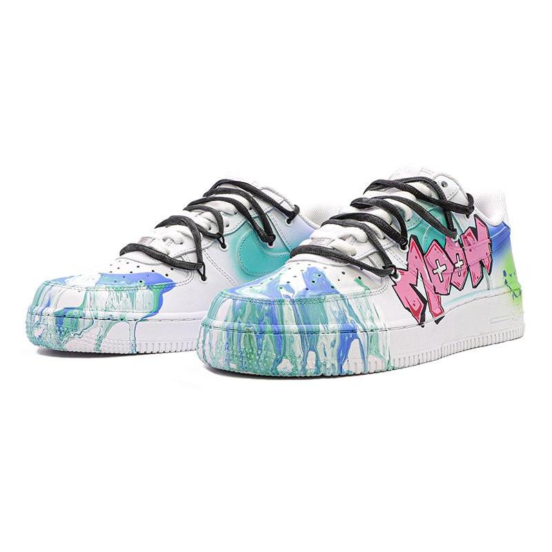 [Custom Female fluid art graffiti in blue and green pink]  Air Force 1 Skateboarding Shoes Women's Low-top Blue/green/pink