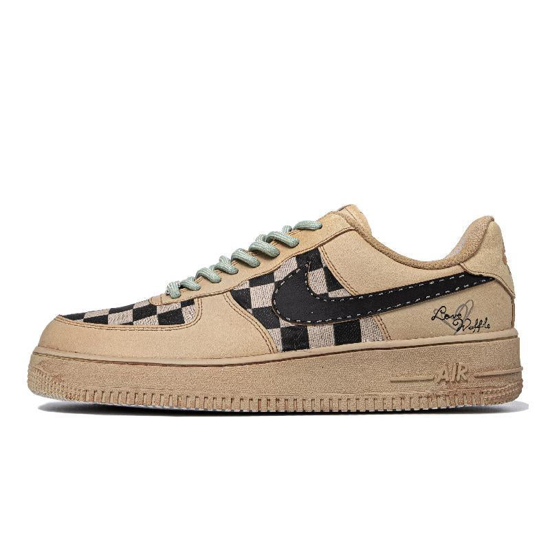 [Custom Women's heart-shaped waffle beige white and brown]  Air Force 1 Skateboarding Shoes Women's Low-top Brown/brown/beige