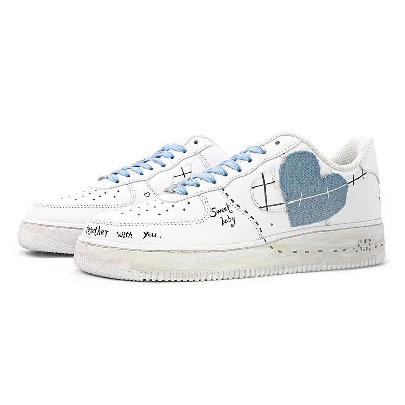 [Custom Women's heart-shaped denim in white and blue]  Air Force 1 Skateboarding Shoes Women's