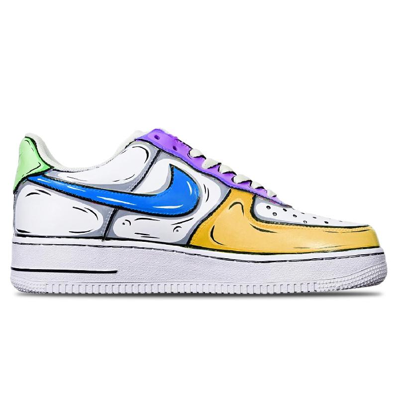 [Custom 2D orange purple green]  Air Force 1 Skateboarding Shoes Women's Low-top Blue, Yellow, Purple, White