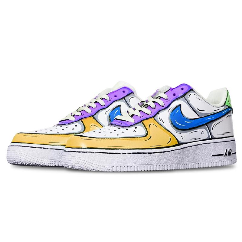 [Custom 2D orange purple green]  Air Force 1 Skateboarding Shoes Women's Low-top Blue, Yellow, Purple, White