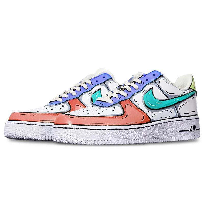 [Custom 2D red Purple Green]  Air Force 1 Skateboarding Shoes Women's Low-top White/Orange/Purple/Green