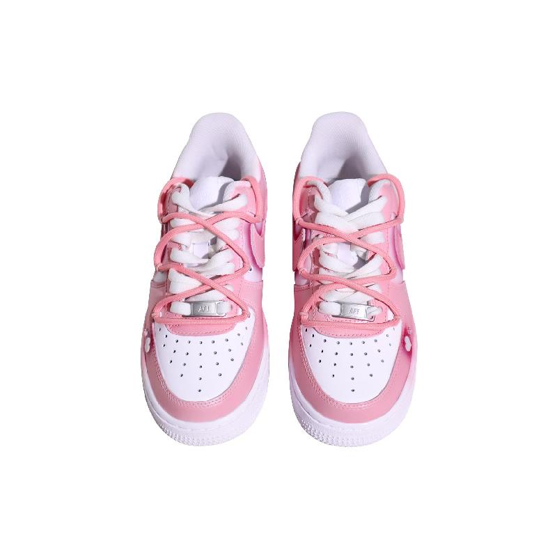 [Custom Pink Smudge ]  Air Force 1 Skateboarding Shoes Women's Low-top Pink, White