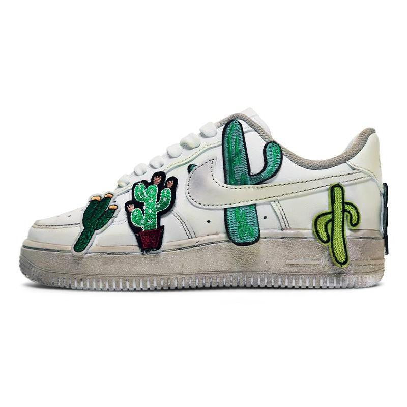 [Custom Women's cactus embroidery in earth tones]  Air Force 1 Skateboarding Shoes Women's Low-top Earth Tone