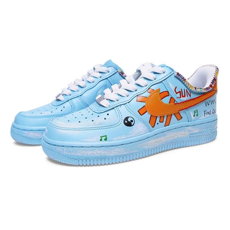 [Custom Women's graffiti diamond-encrusted design sense]  Air Force 1 Skateboarding Shoes Women's Low-top Blue/Orange