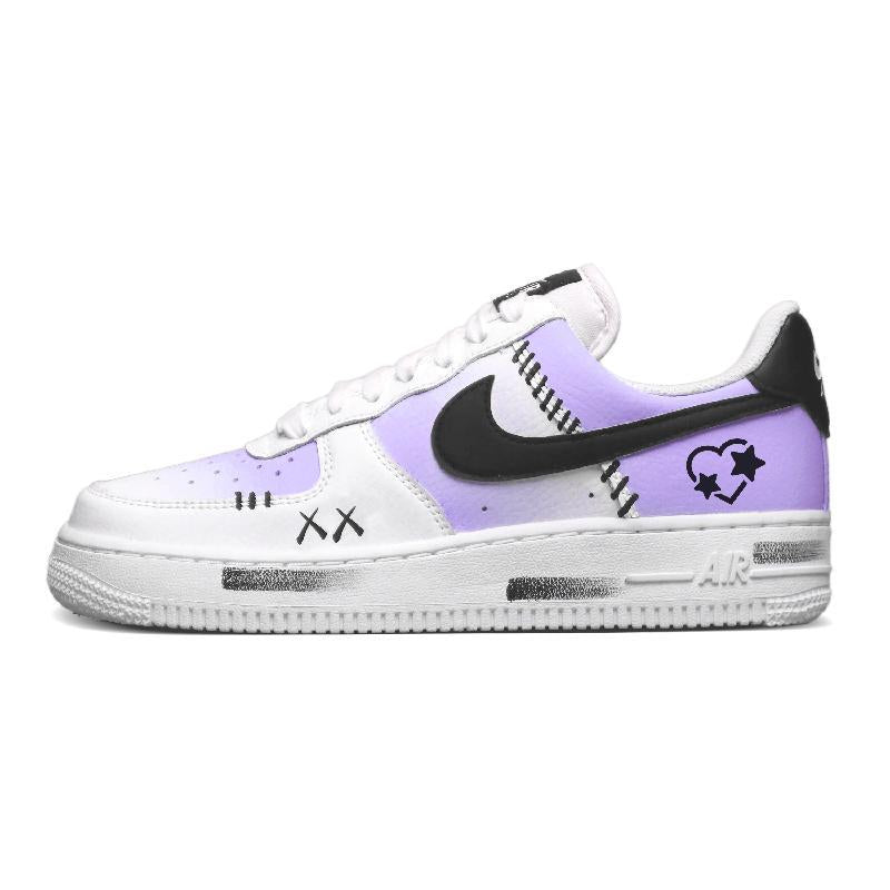 [Custom Black and Purple Heart Star]  Air Force 1 Skateboard Shoes Unisex Low-Top White/Black/Purple
