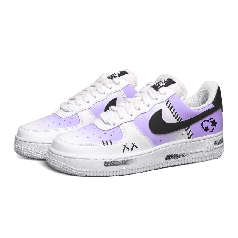 [Custom Black and Purple Heart Star]  Air Force 1 Skateboard Shoes Unisex Low-Top White/Black/Purple