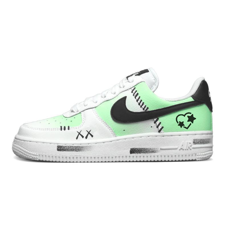 [Custom Black-green heart star]  Air Force 1 Skateboard Shoes Women's Low-Top White/Black/Green
