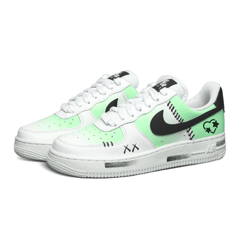 [Custom Black-green heart star]  Air Force 1 Skateboard Shoes Women's Low-Top White/Black/Green