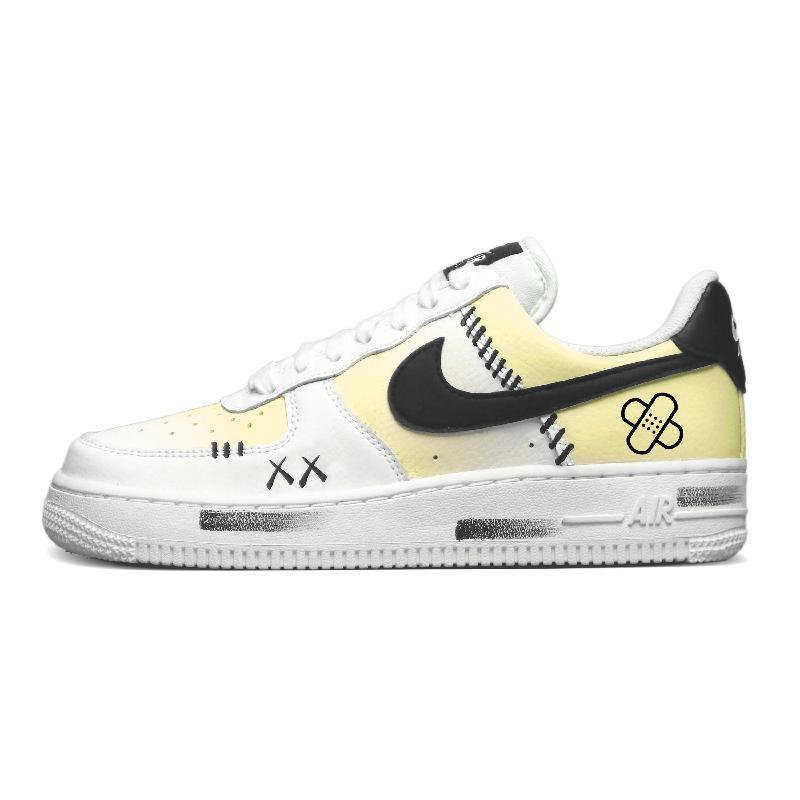 [Custom Black and yellow band-aids]  Air Force 1 Skateboard Shoes Women's Low-Top White/Black Yellow