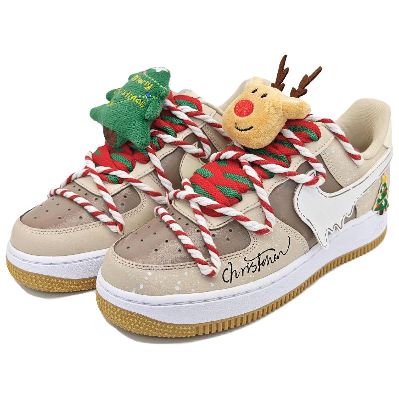 [Custom Christmas party]  Air Force 1 Skateboarding Shoes Women's Low-top Brown/brown/beige/red/green/white