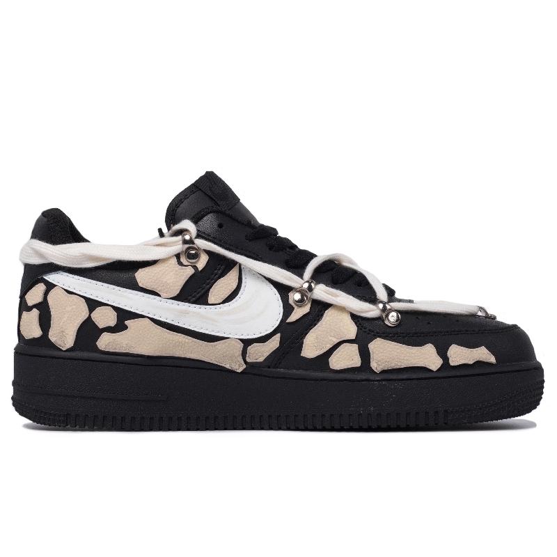[Custom The broken phalanges are black, gray and off-white]  Air Force 1 Skateboarding Shoes Women's Low-top Black/beige