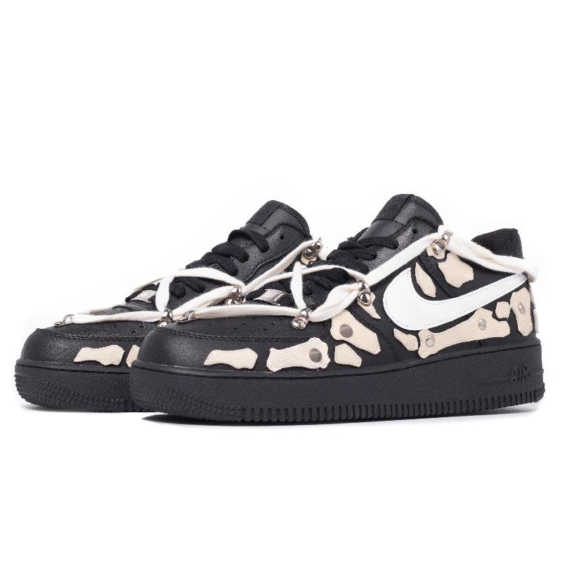 [Custom The broken phalanges are black, gray and off-white]  Air Force 1 Skateboarding Shoes Women's Low-top Black/beige