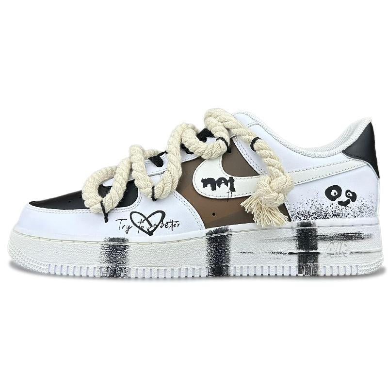[Custom Female hacker panda]  Air Force 1 Skateboarding Shoes Women's Low-top Black/white/brown