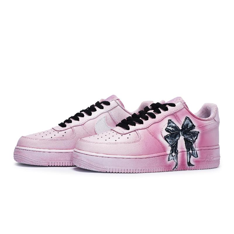 [Custom Strawberry Bow]  Air Force 1 Skateboarding Shoes Women's Low-top Black/pink